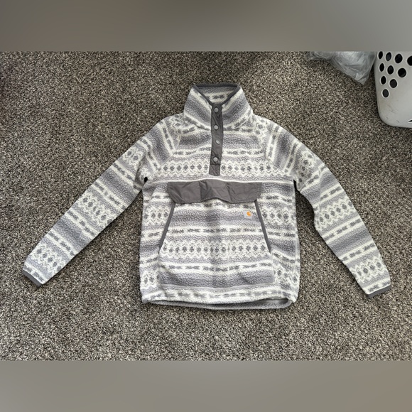 Carhartt Jackets & Blazers - Carhartt Women’s Sherpa Fleece Pull-Over Grey & White Front Pouch Sz S 104922-W